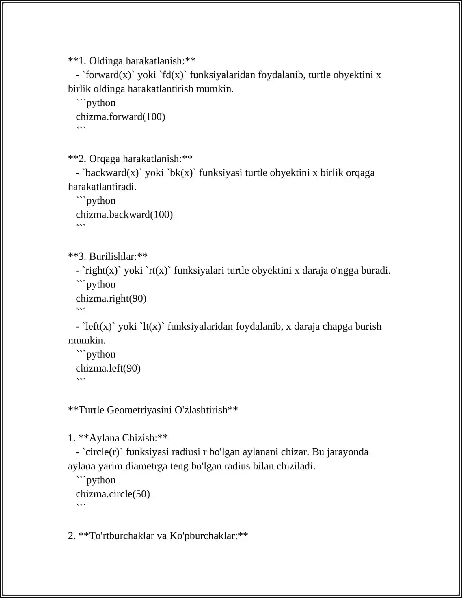 PYTHONNING TURTLE MODULI NIMA VA U BILAN ISHLASH HAMDA TURLI SHAKLLAR CHIZISH 4