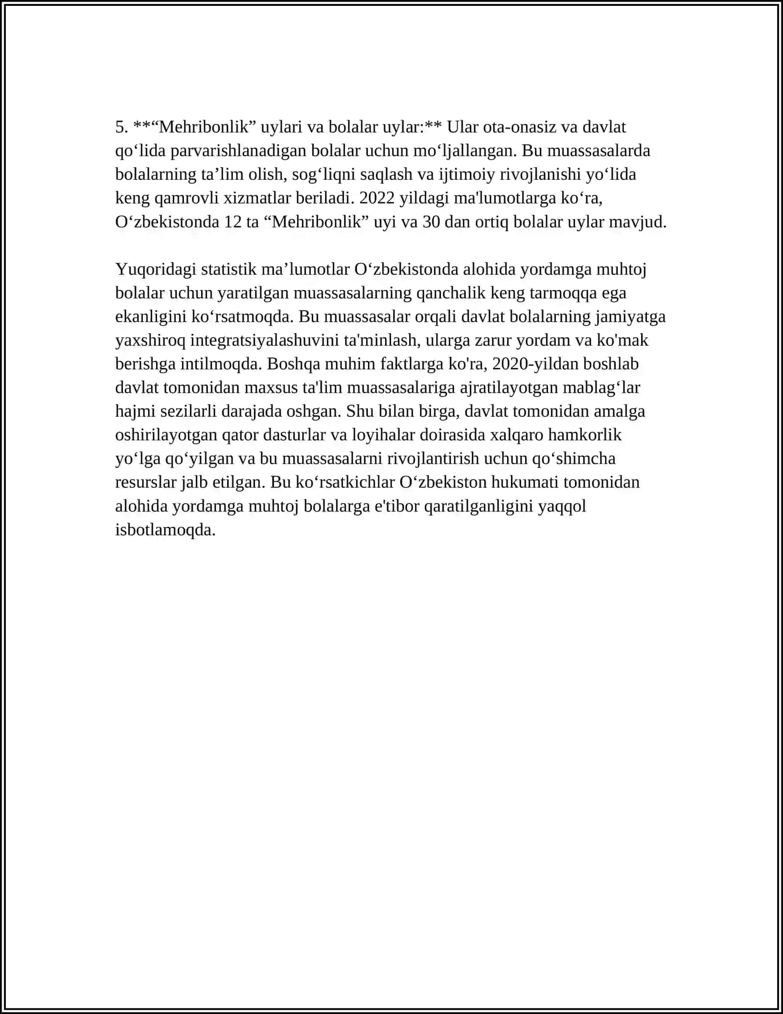 Oʻzbekistonda alohida yordamga muhtoj bolalar uchun tashkil etilgan muassasalar va ularning faoliyati 4