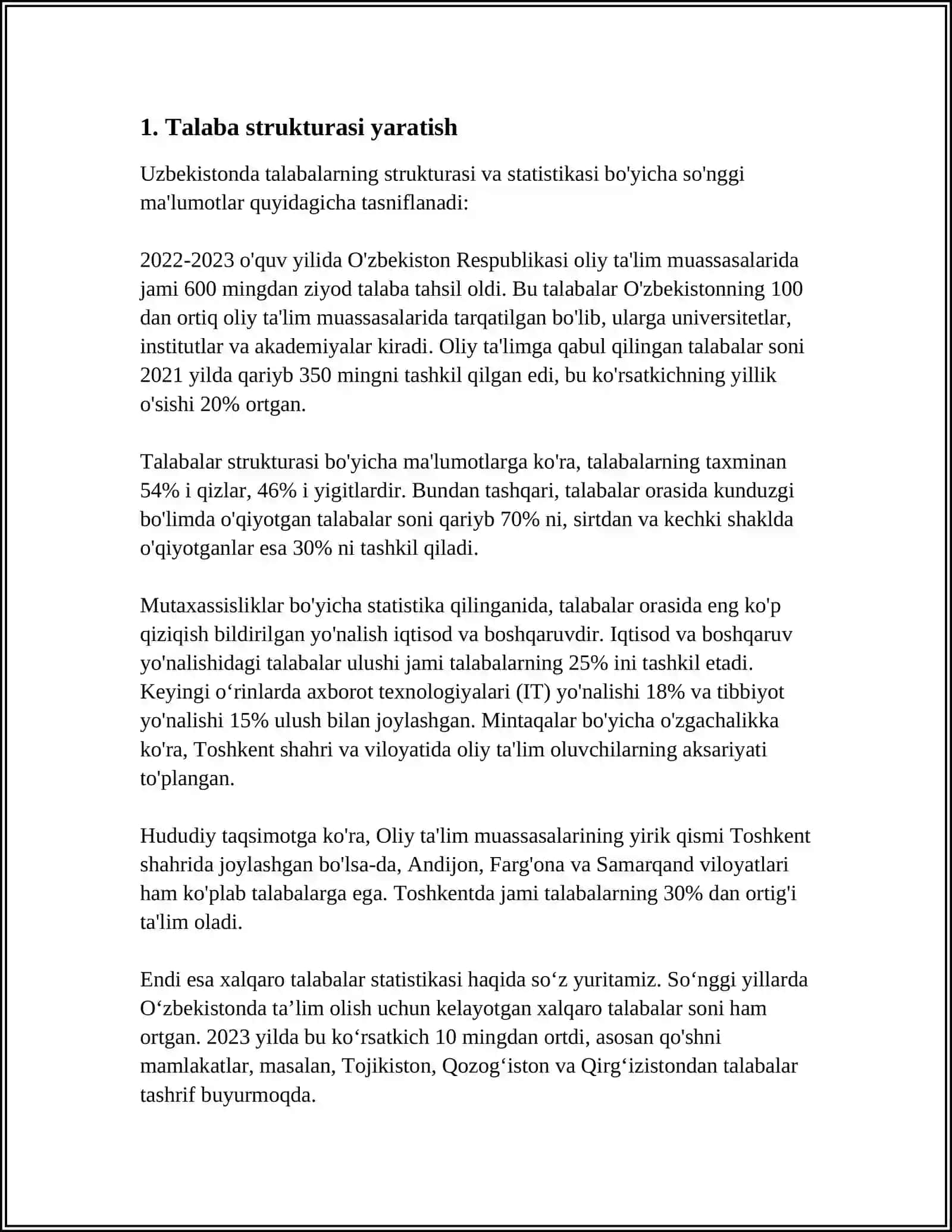 MUSTAQIL ISH Mavzu: TUZILMALAR YARATISH VA OBYEKTLAR MASSIVIDA FOYDALANISH(TALABA STRUKTURASINI YARATING, UNDA KAMIDA 5 TA MAYDON BO'LSIN VA BU MAYDONLARDAN FOYDALANISHNI AMALGA OSHIRING) 4