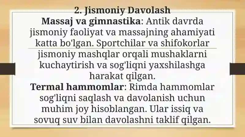 Rim va Gretsiyada davolanishning qadimiy usullari,antik davr tabiblari. 4