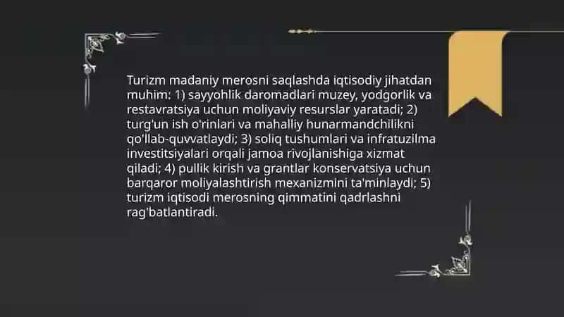 Turizmda madaniy merosni saqlash va targ'ib qilishdagi ahamiyati 4