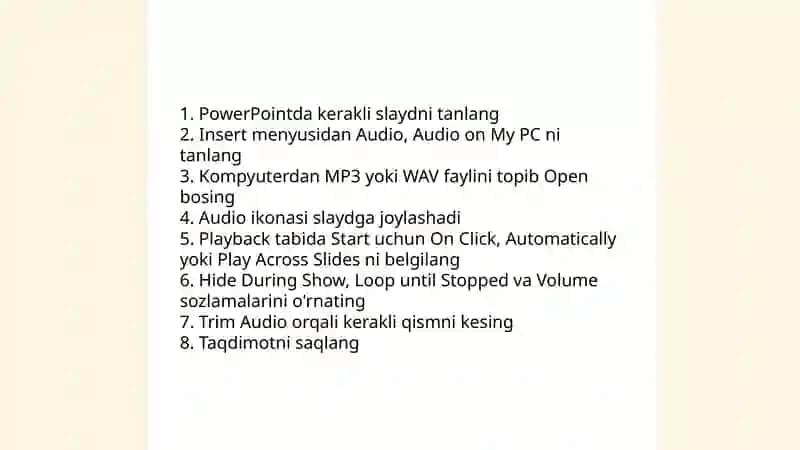 PowerPoint dasturida Taqdimot uchun audio va video qoshish 4