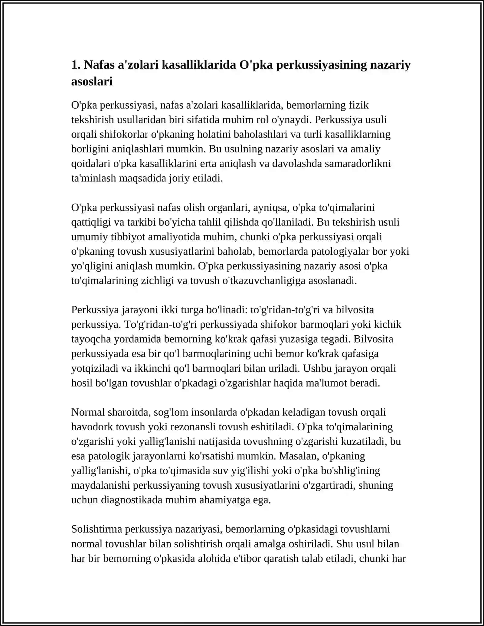 NAFAS AʼZOLARI KASALLIKLARI BILAN KASALLANGAN BERMORLARNI FIZIKAL TEKSHIRISH USULLARI:ÓPKA PERKUSSIYASI,QOIDALARINI BACHARISH.SOLISHTIRMA PERKUSSIYA 4