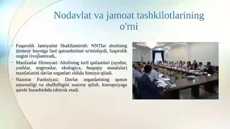 Nodavlat va jamoat tashkilotlarining O‘zbekistonda demokratik jamiyat barpo etishdagi o'rni va ahamiyati 4