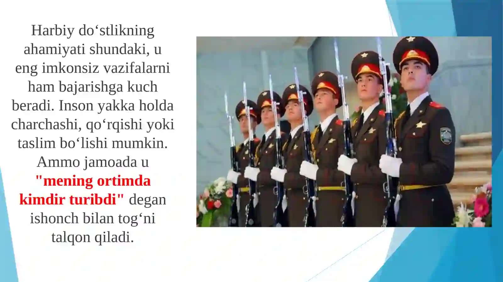 Harbiy jamoadagi sog'lom muhit, o'zaro hurmat va do'stlik-huquqbuzarlikning oldini olish omillaridir 4