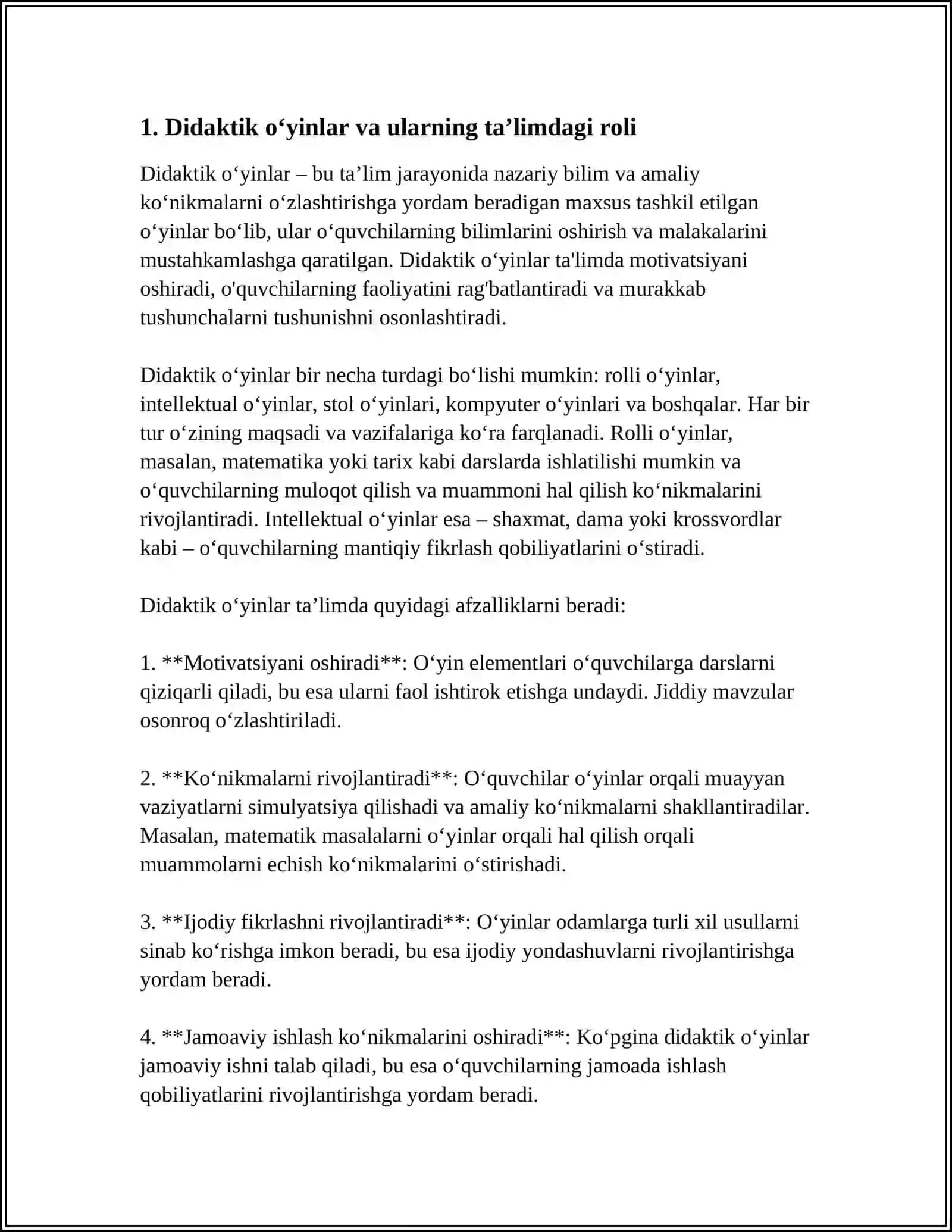 SINFDAN TASHQARI MASHG’ULOTLARDA DIDAKTIK OʻYINLARNING AHAMIYATI, MAZMUNI ULARDAN FOYDALANISH( 1 SINF MISOLIDA) 4