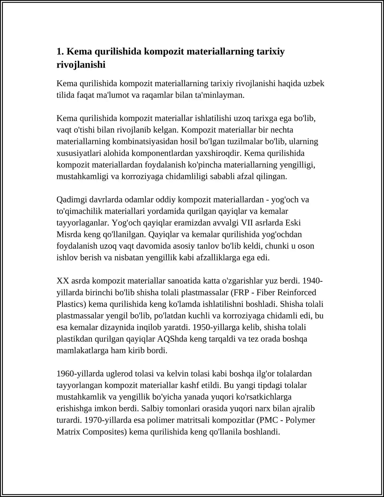 KEMA QURILISHIDA KOMPOZIT MATERIALLAR - TARIXI, QO'LLANILISHI XUSUSIYATLARI, XUSUSIYATLARI VA ISTIQBOLLARI 4