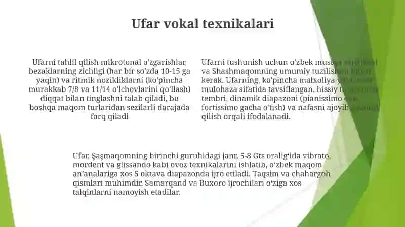 Shashmaqomning birinchi guruh shoʻbalaridan Ufarlarni tinglash va tahlil qilish 4