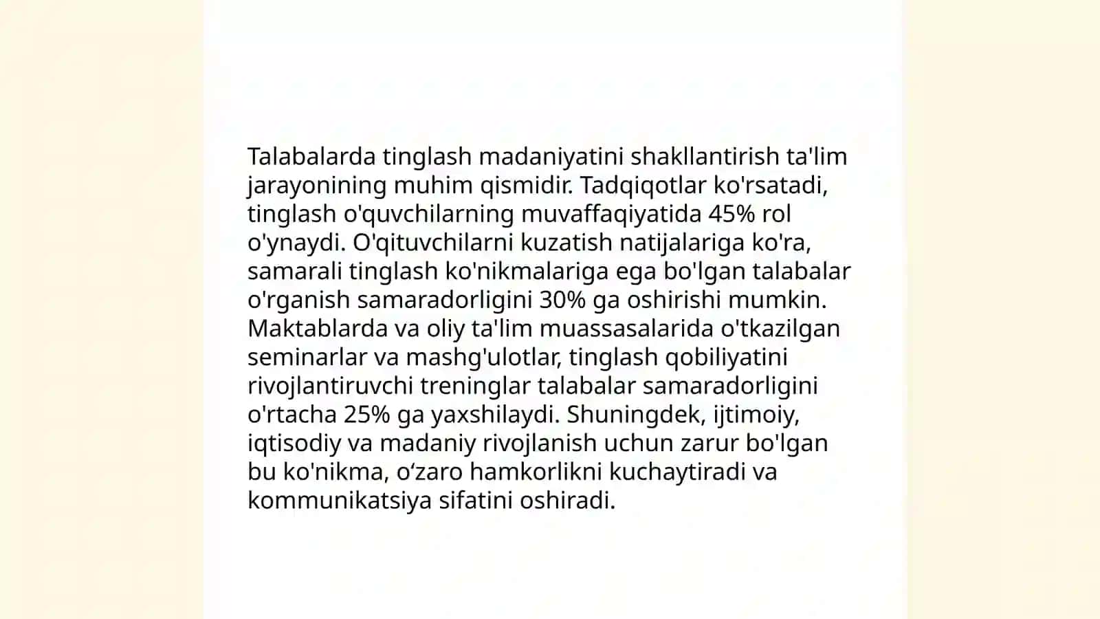 Oʻquvchilarda tinglab tushunish anglash koʻnikmasi, tinglab koʻnikmalarini shakllantirish tushishni rivojlantiruvchi mazmuniy strategiyalar 4