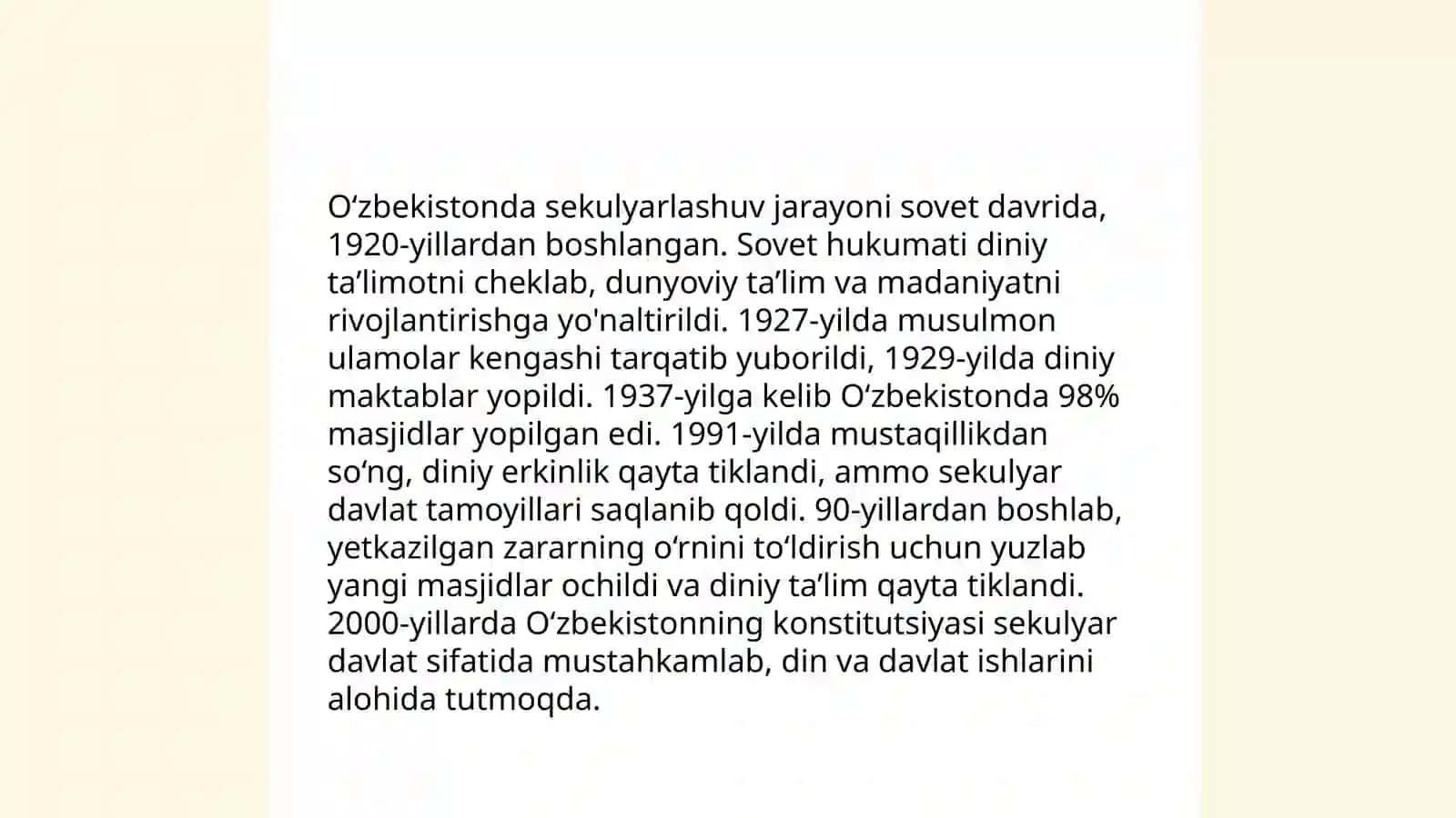 Sekulyarlashuv jarayoni. O`zbekistonning davlat sifatida shakillanishida din omili 4