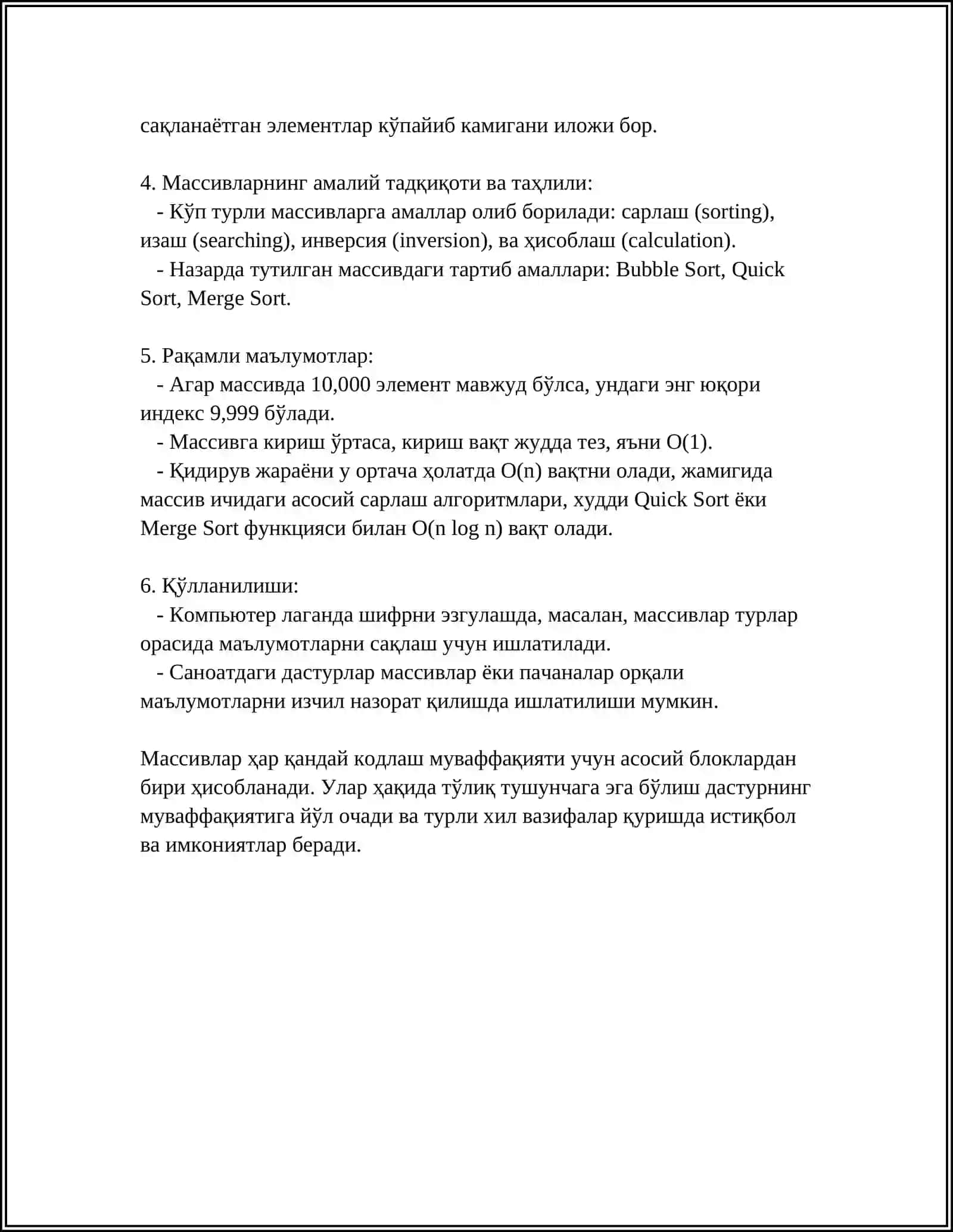 MALUMOTLARNING SOZLANGAN TURLARI: MASSIVLAR, VECTORLAR, YOZUVLAR, TÓPPLANLAR VA KÓRSATKICHLI TURLARI 4