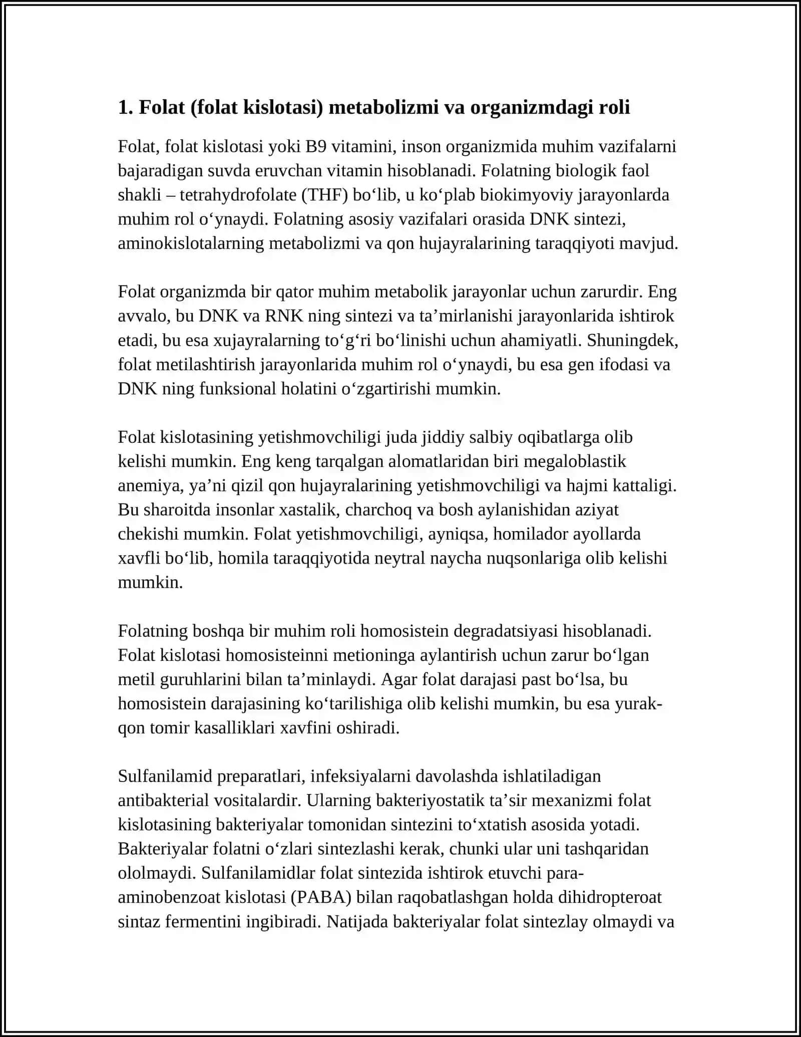 FOLAT KISLOTASINING YETISHMOVCHILIGI. SULFANILAMID PREPARATLARNING BAKTERIOSTATIK TA'SIR MEHANIZMI 4