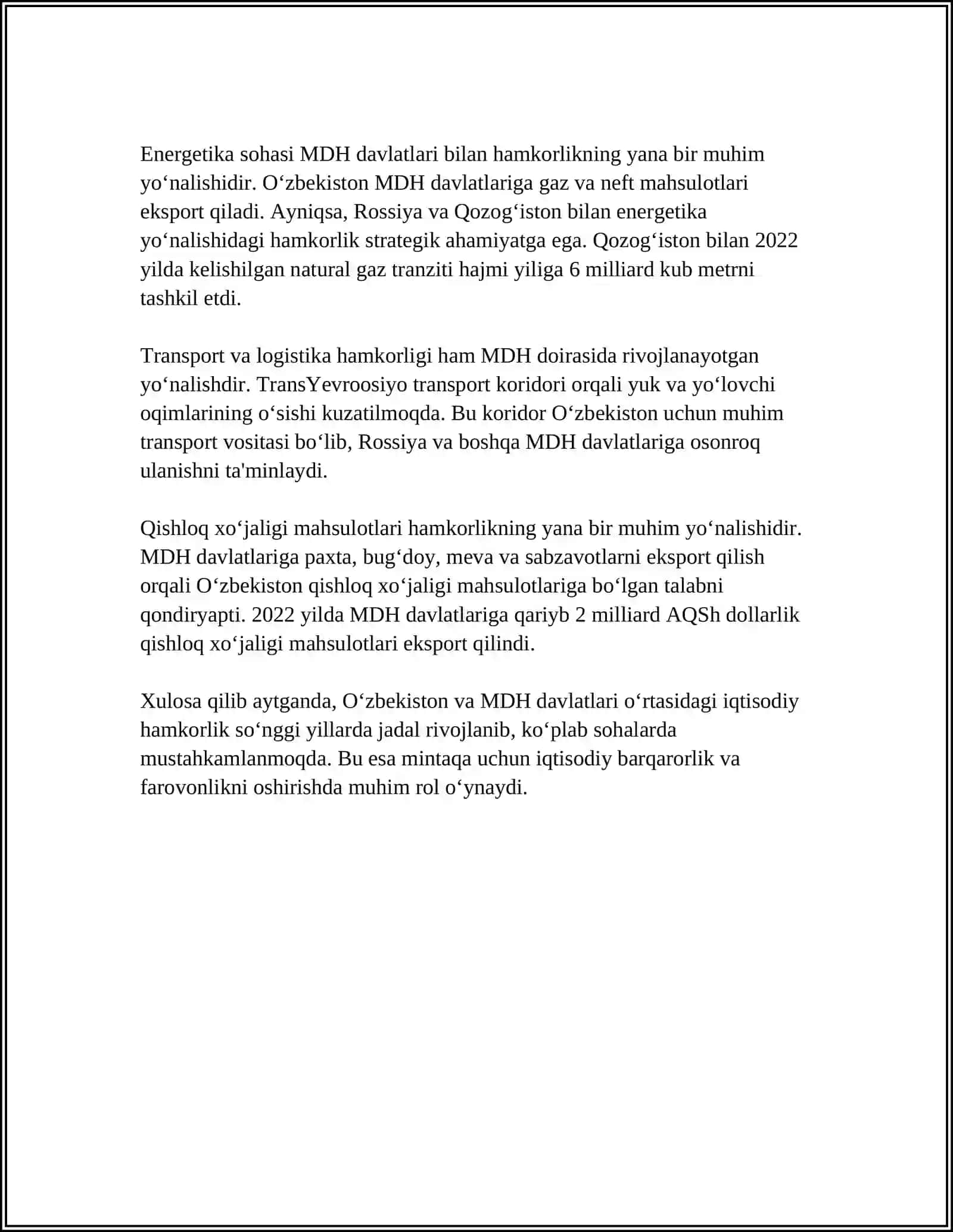 O'ZBEKISTONNING MDH VA MARKAZIY OSIYO DAVLATLARI BILAN ALOQASI 4