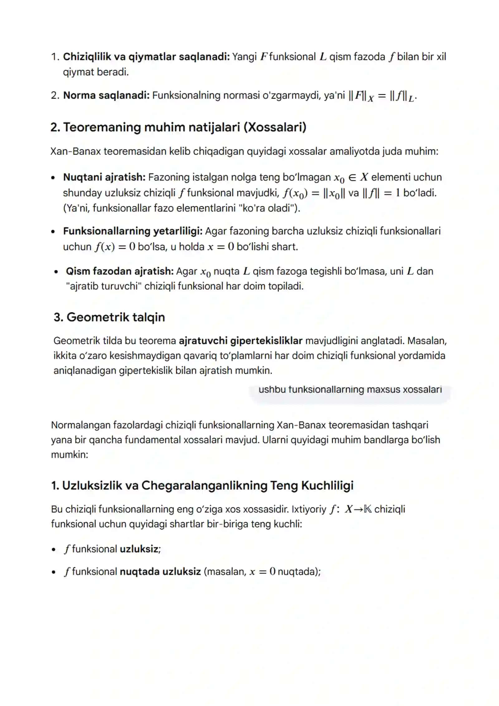 ma’ruza. Chiziqli operatorlar. Chiziqli operatorning normasi. Chegaralangan va uzluksiz chiziqli operatorlar. Normalangan fazolarda chiziqli funksionallar 4
