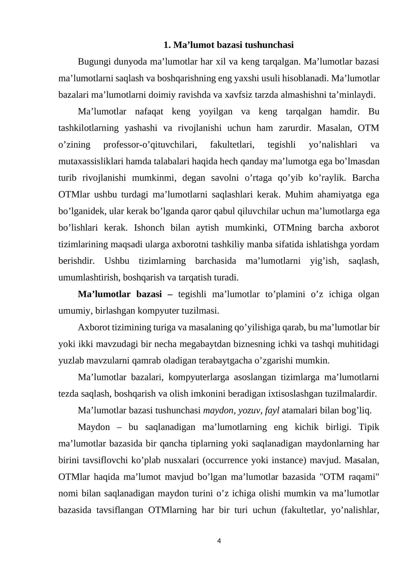 MA’LUMOTLAR BAZASI TEXNOLOGIYALARI FANIDAN “Xalq Ta`lim bo`limi” ma`lumotlar bazasini loyihalashtirish mavzusida KURS ISHI 4