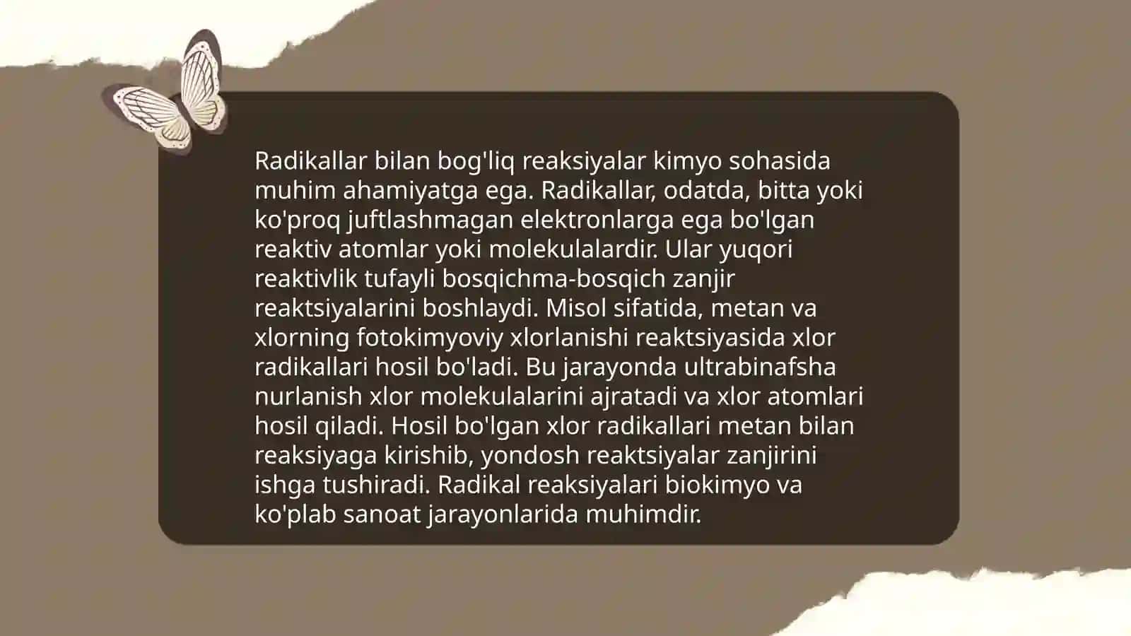 Radikal birikish. Radikal faoliyat zarralar. Xarrash effekti 4