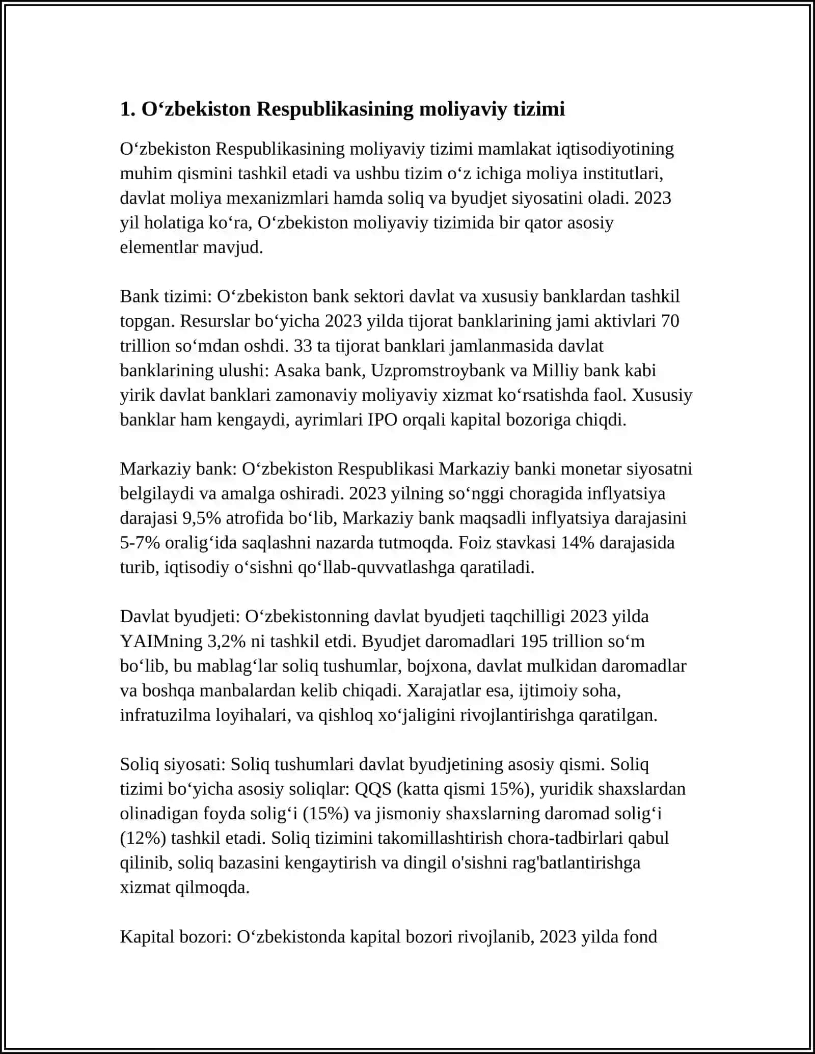 O'ZBEKISTON RESPUBLIKASIDA DAVLAT MOLIYAVIY RESURSLARI, ULARNING MANBALARI, ISHLATISH YOʻNALISHLARI 4