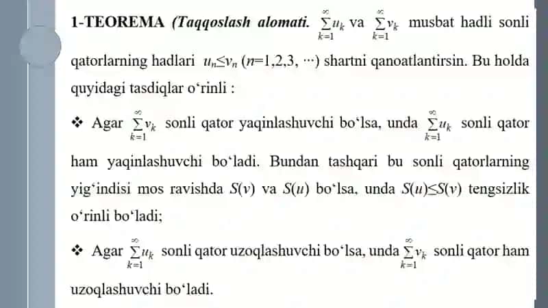 Musbat hadli qatorlar yaqinlashishining Dalamber, Koshining radikal va integral alomatlari 4