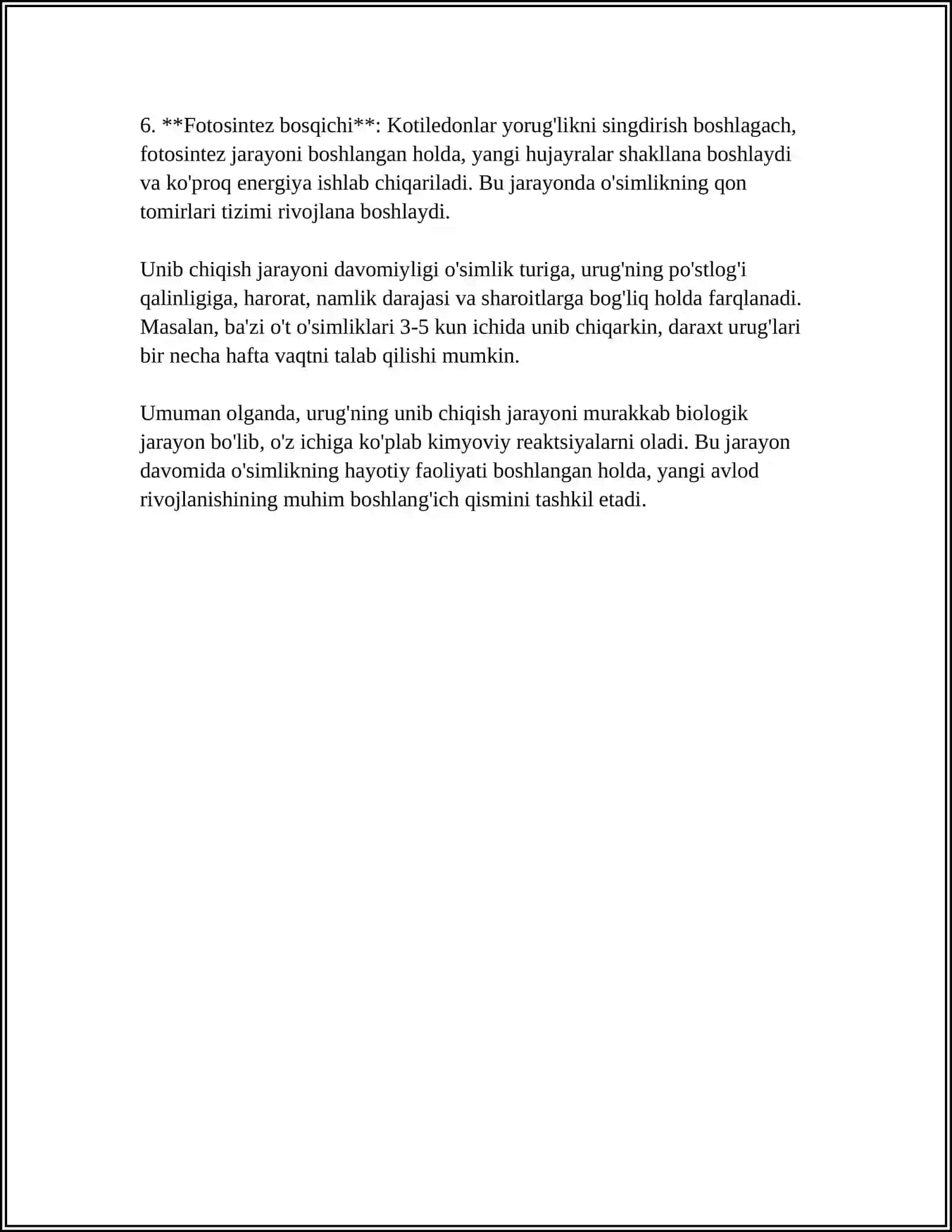 MUSTAQIL ISH Mavzu: OSIMLIKLAR URUGDAN UNIB CHIQISHDA ZARARLI MODDALARNING SARIFLANISHNING FIZIALOGIK AHAMIYATLARI 4