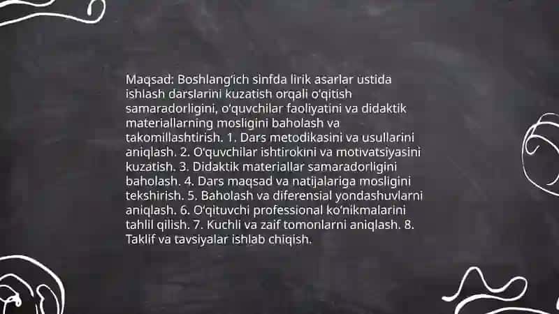 Boshlangʻich sinfda lirik asarlar uatida ishlash darslarini kuzatish va didaktik materiallarining ahamiyatini tahlil qilish 4