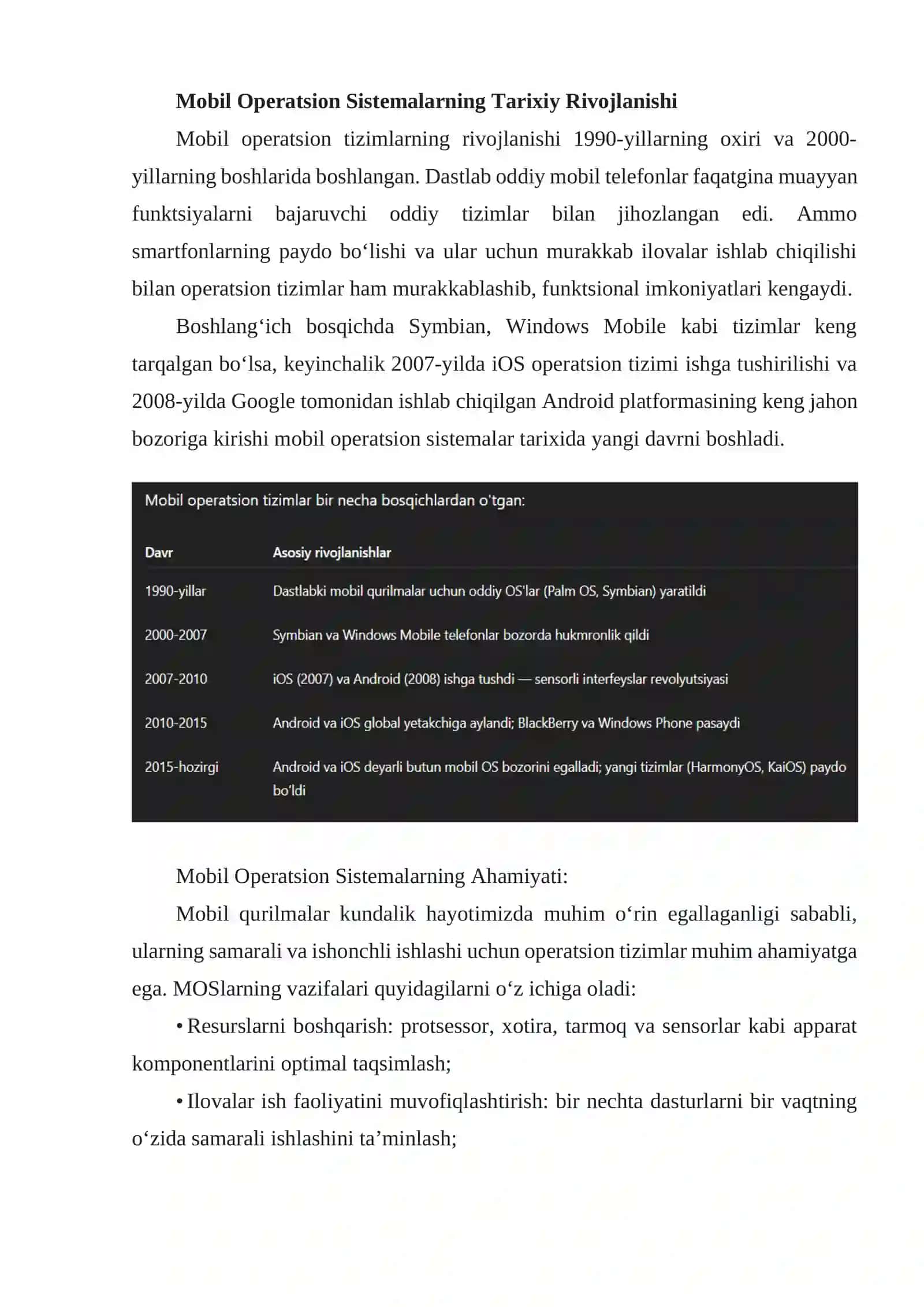 Mobil operasion sistemalar va ularning dasturiy ta’minoti. 4