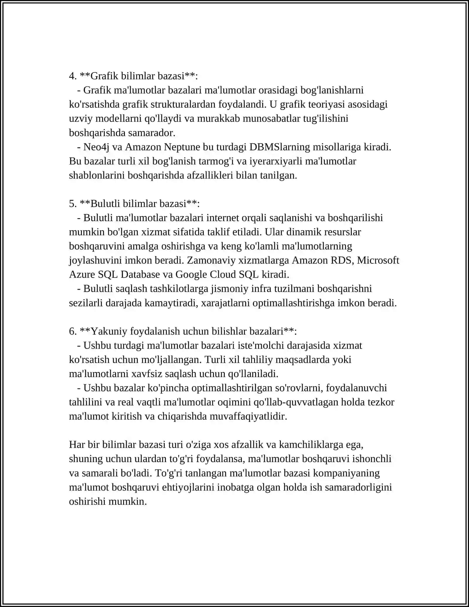 BILIMLAR BAZASI TURLARI. EKSPERT TIZIMLARIDA BILIMLAR BAZASIDAN FOYDALANISH 4