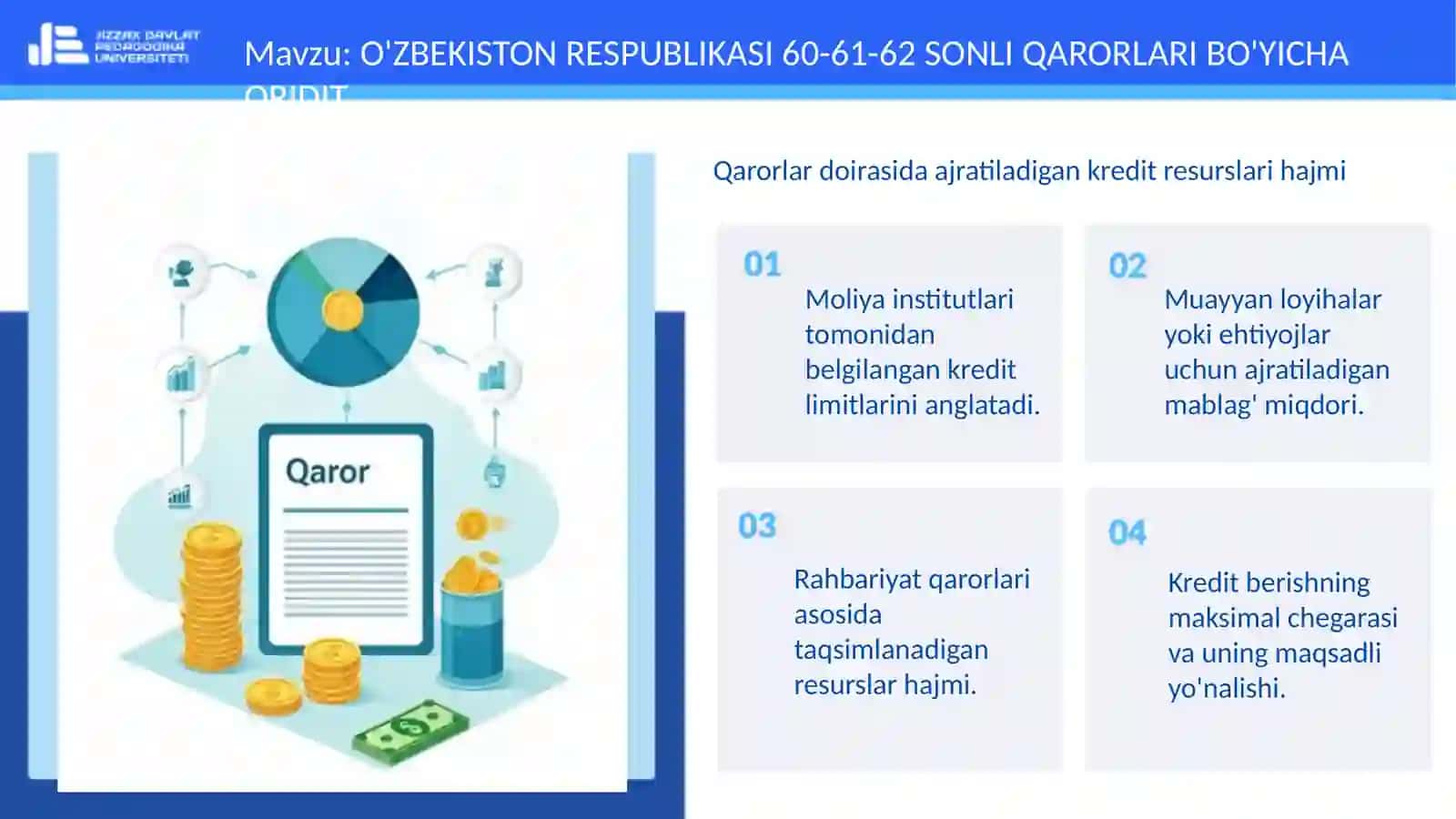 O'ZBEKISTON RESPUBLIKASI 60-61-62 QARORLARINING MOHIYATI VA AHAMIYATI 4