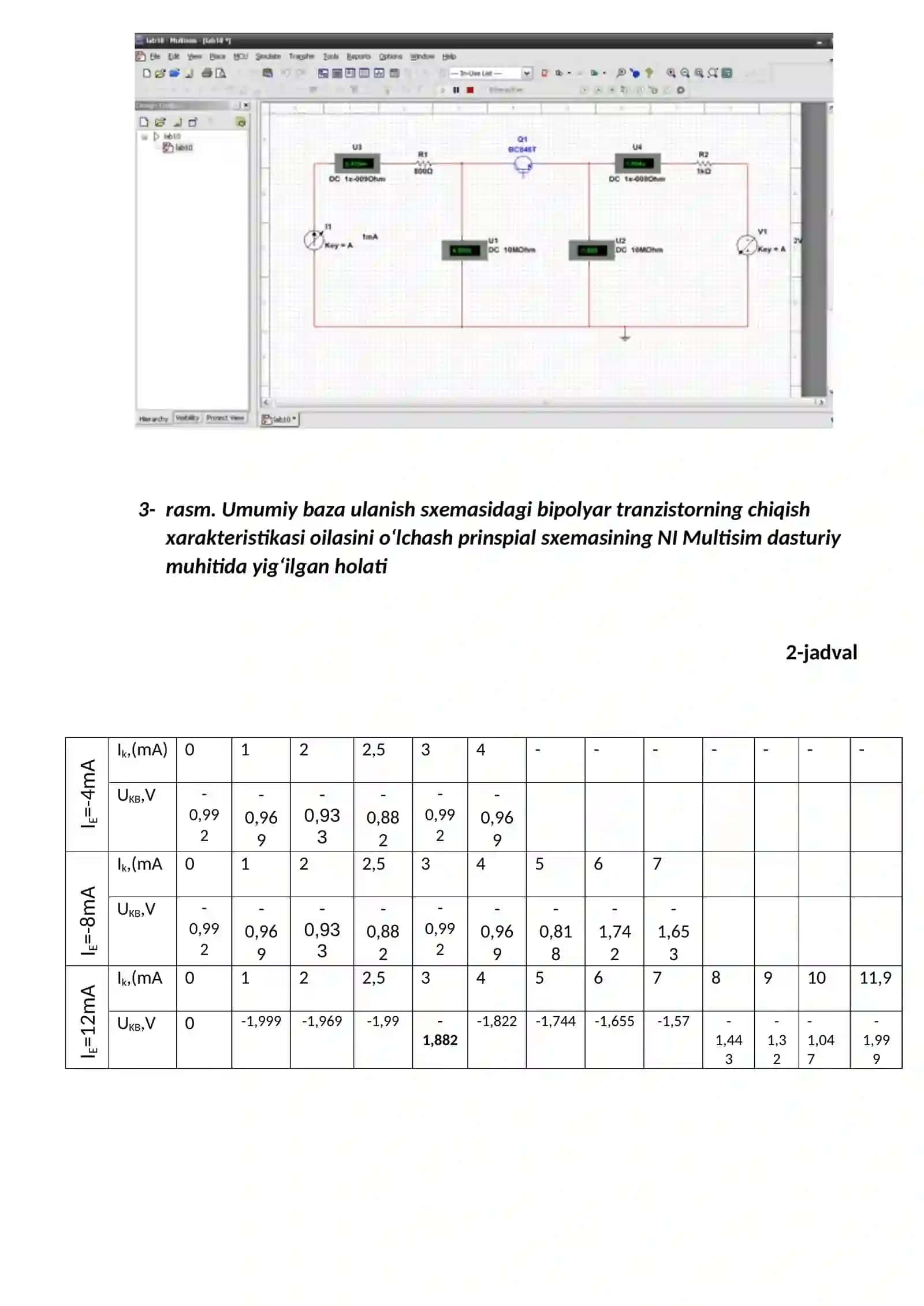 Umumiy baza ulanish sxemasidagi bipolyar tranzistorningning statik Volt-amper xarakteristikalarini tadqiq etish 4