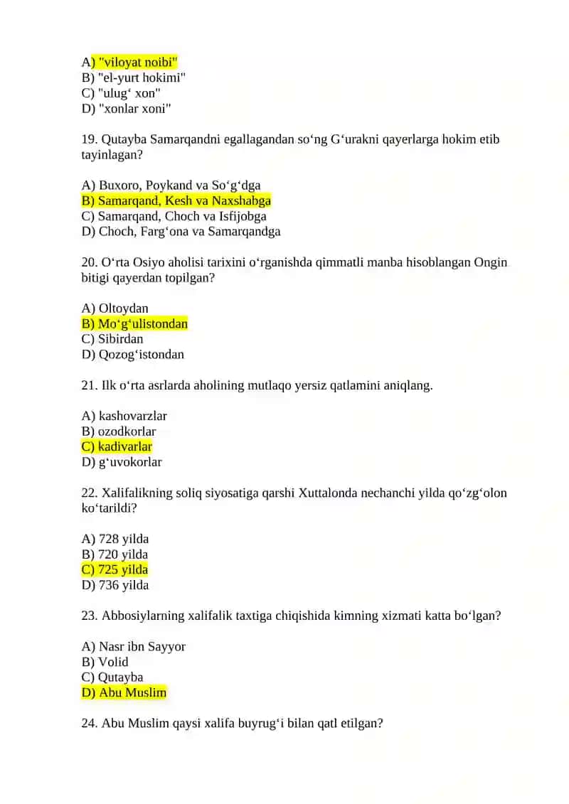 IX-XII asrlarda o’zbek davlatchiligi rivoji Test savollari 4