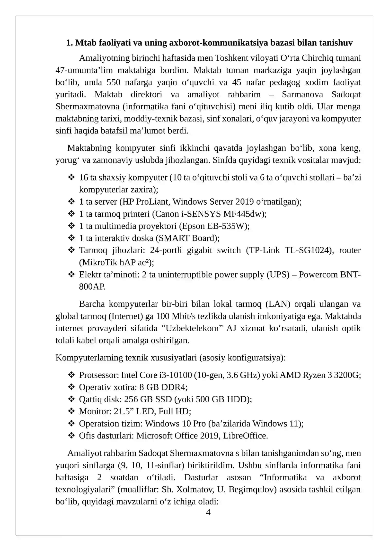 Maktabda informatika fanidan oʻtalgan AMALIYOT HISOBOTI 4