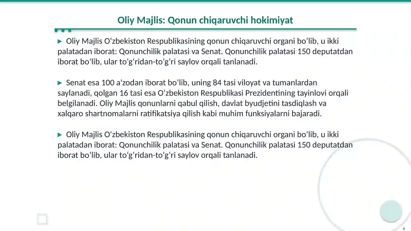 O‘zbekiston Respublikasida hokimiyatlar tizimi (qonun chiqaruvchi,ijro etuvchi va sud hokimiyati ) 4