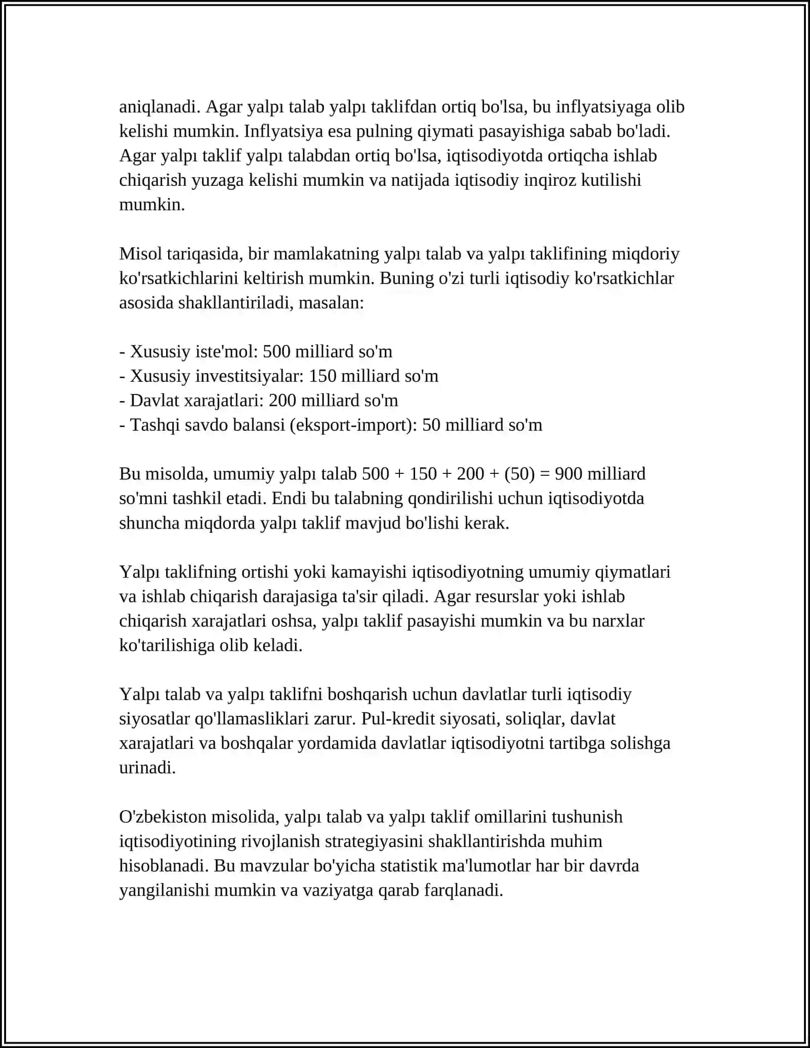 YALPI TALAB, YALPI TAKLIF MODELINING XUSUSIYATLARI 4