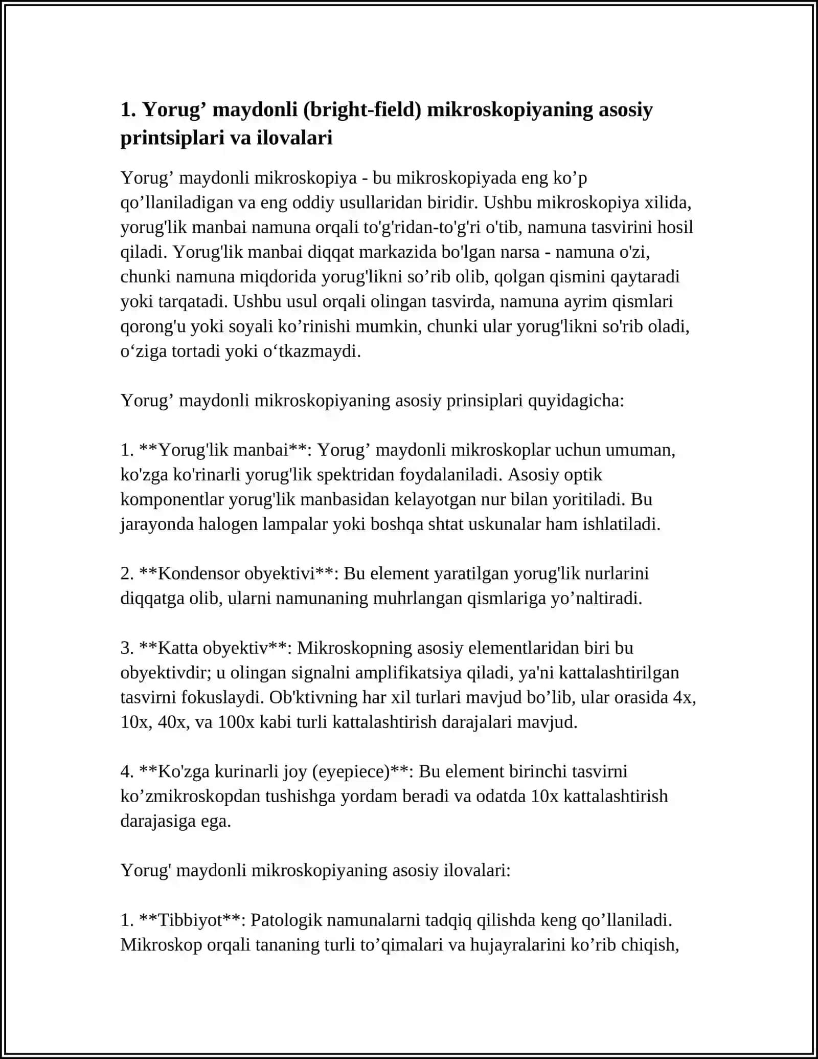 ZAMONAVIY MIKROSKOPLAR: YORUG’ VA QORONG’I MAYDONLI, FAZAKONTRAST, LYUMINISSENT VA ELEKTRON MIKROSKOPLAR 4