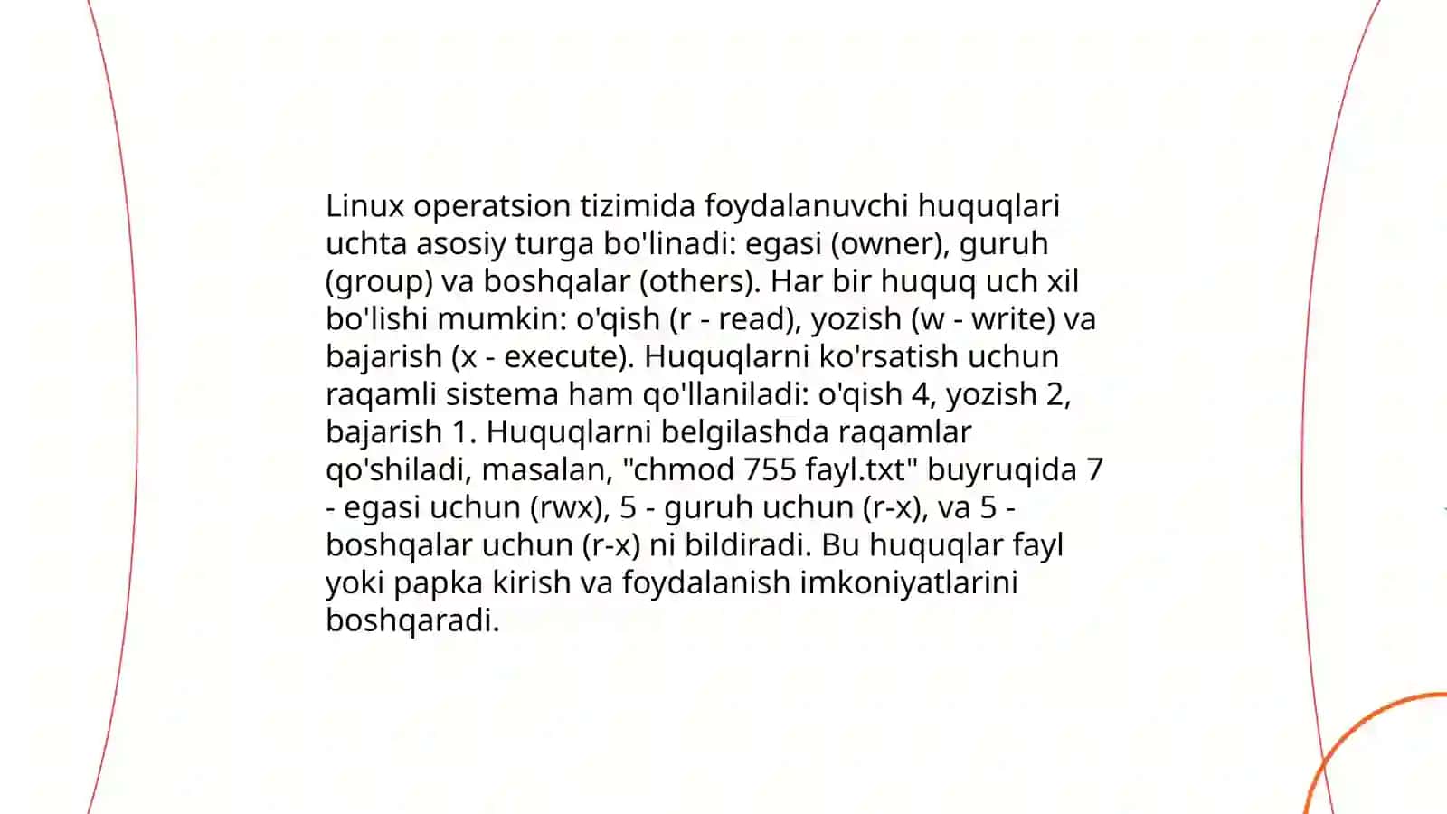Linux OTda imtiyozlar turlari, fayl va kataloglar uchun foydalanishni boshqarish tartibi 4