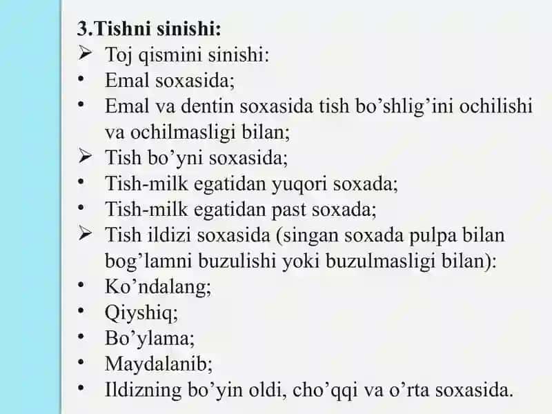 Tish chiqqandan keyin paydo bo’ladigan nokariyes kasalliklar. Tishlarni mexanik va kimiyoviy jarohatlari. Klinikasi, tashxislash va qiyosiy tashxisi. 4