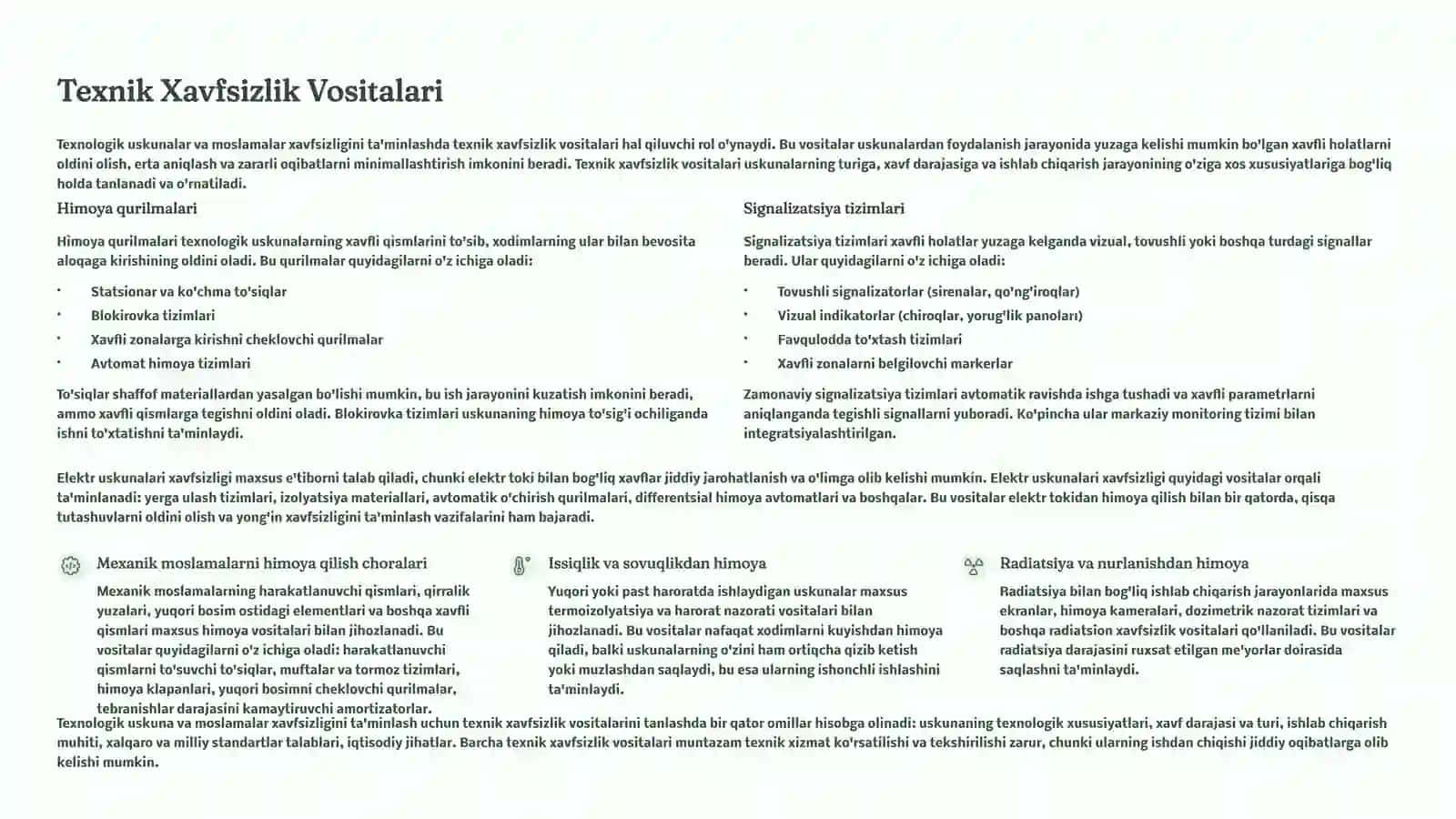 Korxonada qo’llaniladigan texnologik uskuna, moslama vositalarni xavfsizligini ta’minlash choralari 4