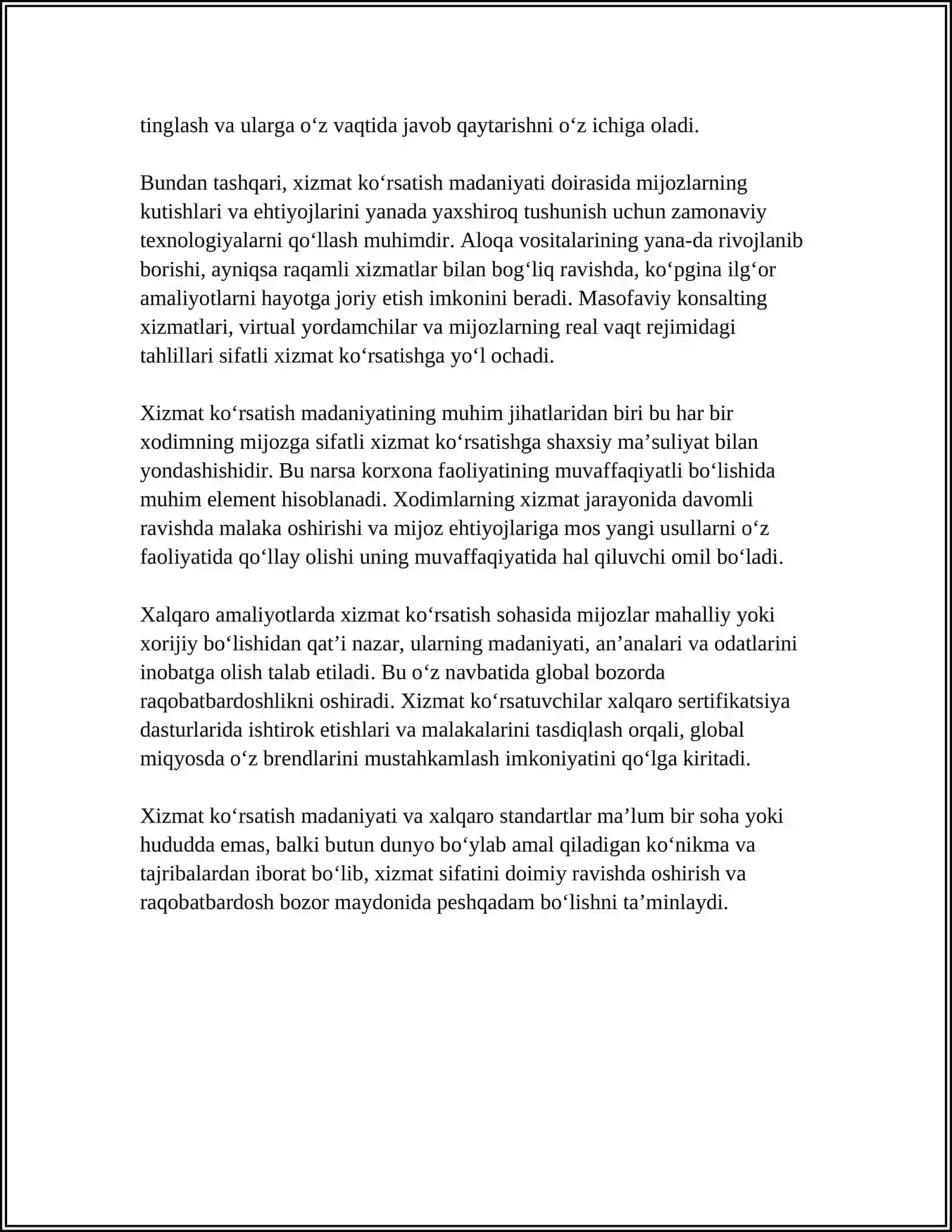 XIZMAT KOʻRSATISH MADANIYATI VA SERVIS ETIKETI: XALQARO AMALIYOTLAR 4