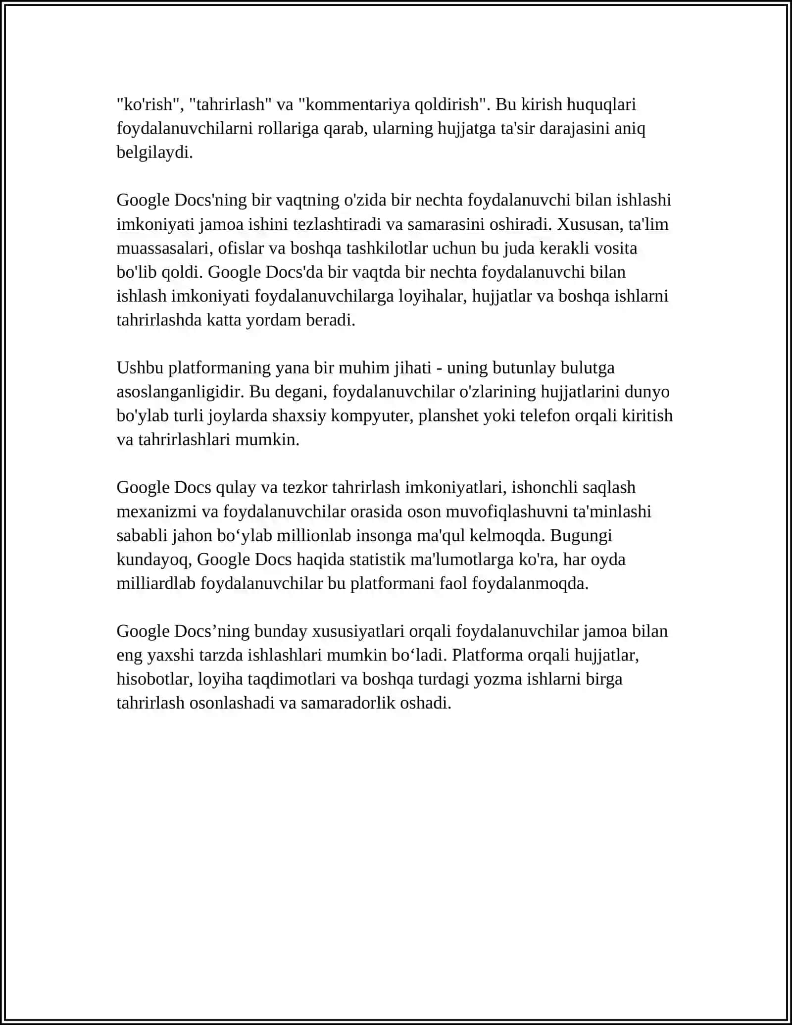 GOOGLE DOCS PLATFORMASIDA “BIR VAQTDA BIR HUJJAT USTIDA BIR NECHA FOYDALANUVCHI BILAN XAMKORLIKDA ISHLASH IMKONIYATI” 4
