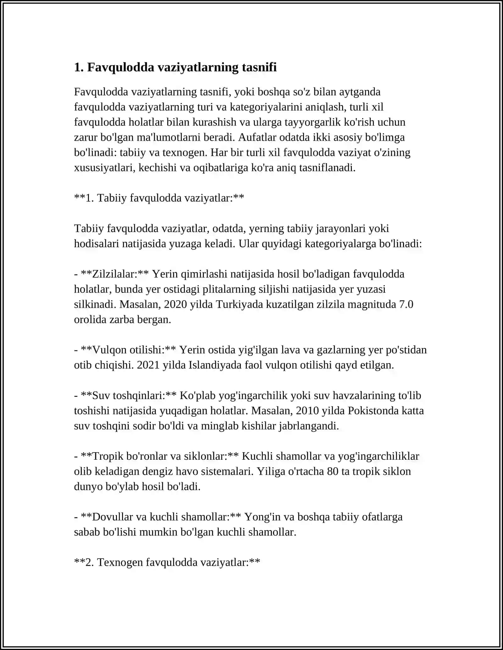 MUSTAQIL ISH: “AHOLINI VA HUDUDLARNI TABIIY HAMDA TEXNOGEN XUSUSIYATLI FAVQULODDA VAZIYATLARDAN MUHOFAZA QILISH TO‘G‘RISIDA”GI QONUN 4