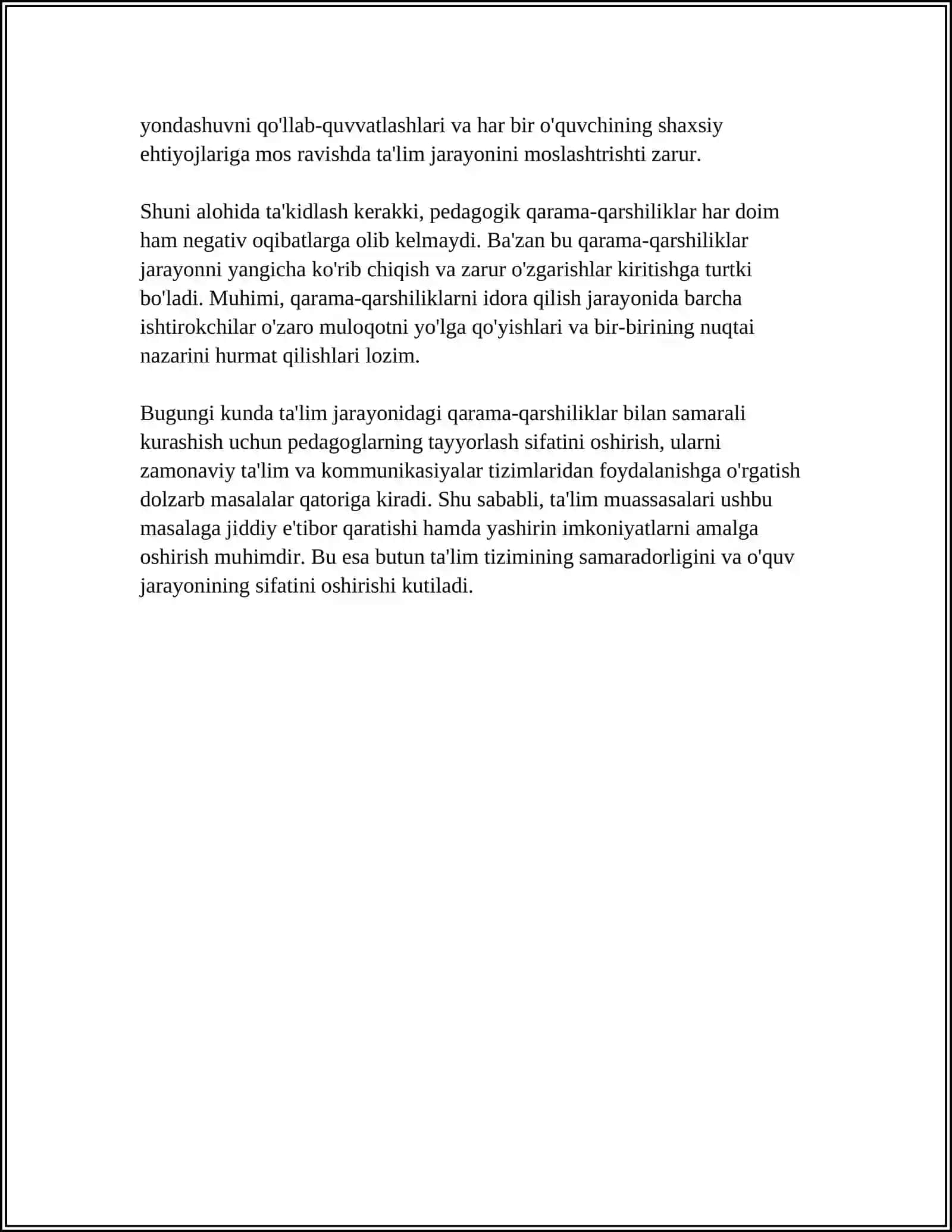PEDAGOGIK QARAMA-QARSHILIK - TARBIYACHI VA TARBIYALANUVCHILAR SHAXSINI TAKOMILLASHTIRISH MANBAI SIFATIDA 4