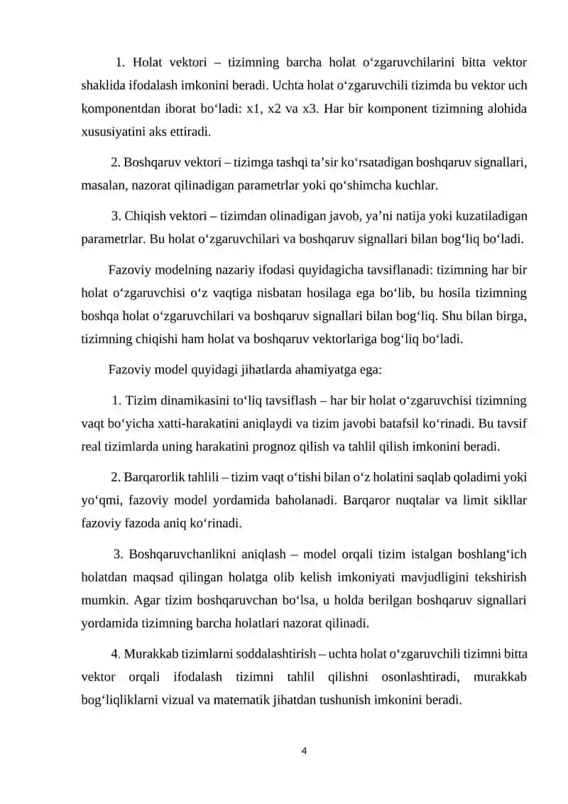 Uchta holat o'zgaruvchisiga ega tizimning fazoviy modelini qurish, boshqaruvchanlikni aniqlash 4