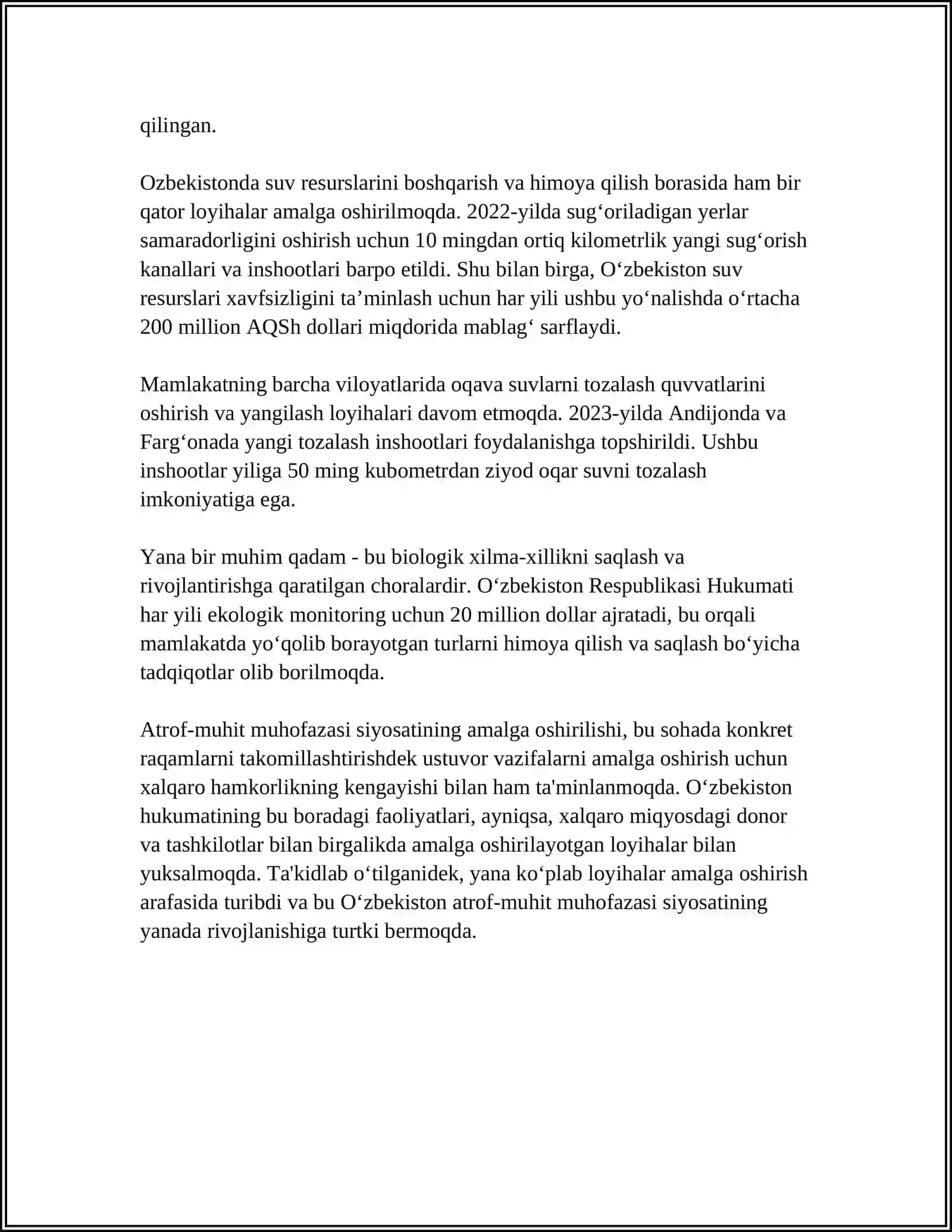 MUSTAQIL ISH Mavzu: OROL FOJIASI, EKOLOGIK HOLATNI YAXSHILASH BORASIDA DAVLAT SIYOSATI 4