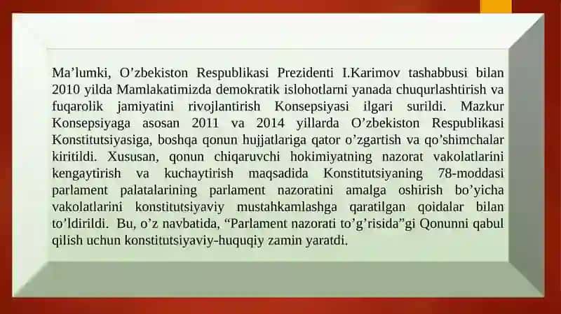 O'ZBEKISTON RESPUBLIKASIDA JAMIYATNI YANGILASH VA DEMOKRATLASHRTIRISH SHAROITIDA DAVLAT MEXANIZMINI ISLOH QILISH MASALALARI 4