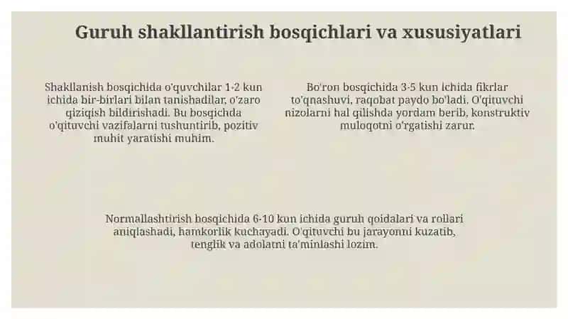 Boshlangʻich sinfda oʻquvchilar jamoasini shakllantirish bosqichlari 4