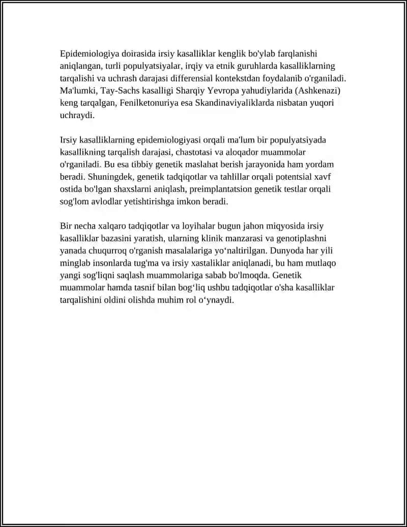 IRSIY KASALLIKLAR XROMOSOMA VA GEN KASALLIKLARI.TIBBIY GENETIK MASALALAR 4
