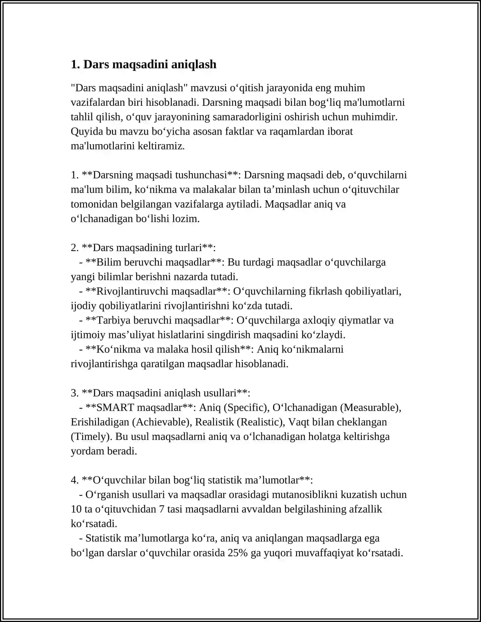 Darsni Tashkil Qilishga Tayyorlik, Bir Soatlik Dars Reja Konspektini Tayyorlash 4