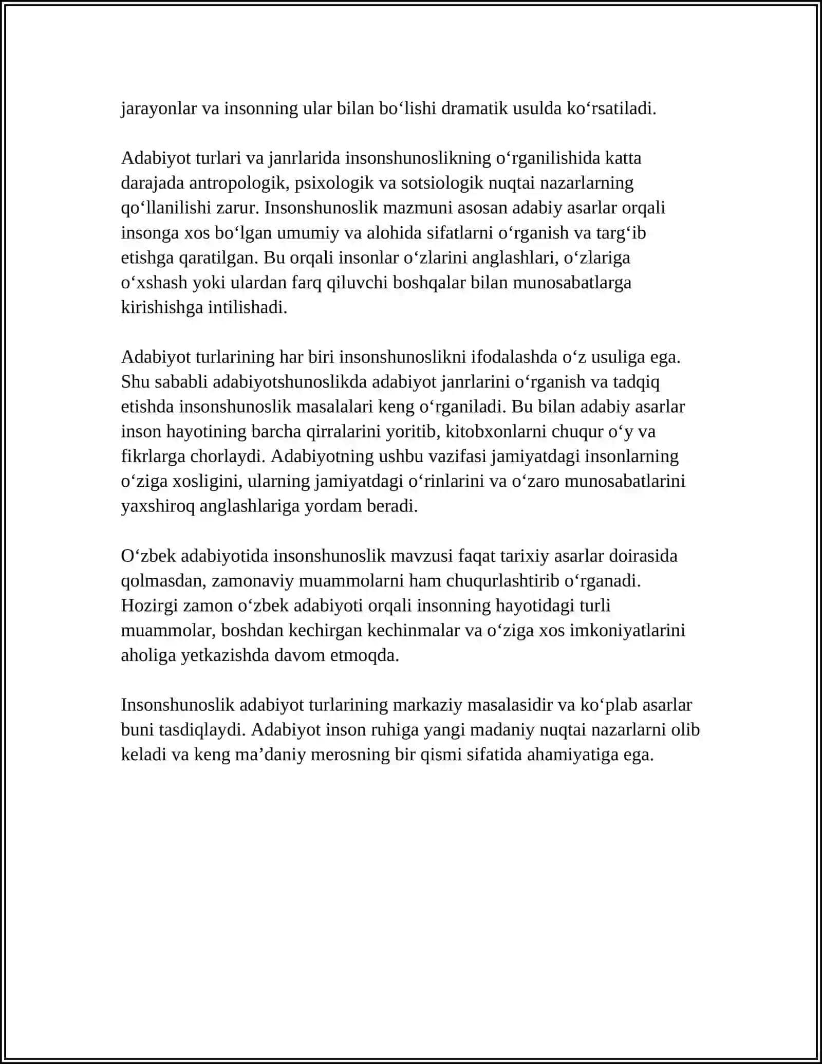 ADABIY TUR JANRLARI MISOLIDA INSONSHUNOSLIK, OMMAVIYLIK NIMA EKANLIGINI TUSHUNTIRISH 4