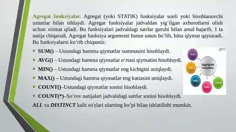Standart funksiyalardan foydalanib oddiy va murakkab so’rovlar yaratish 4