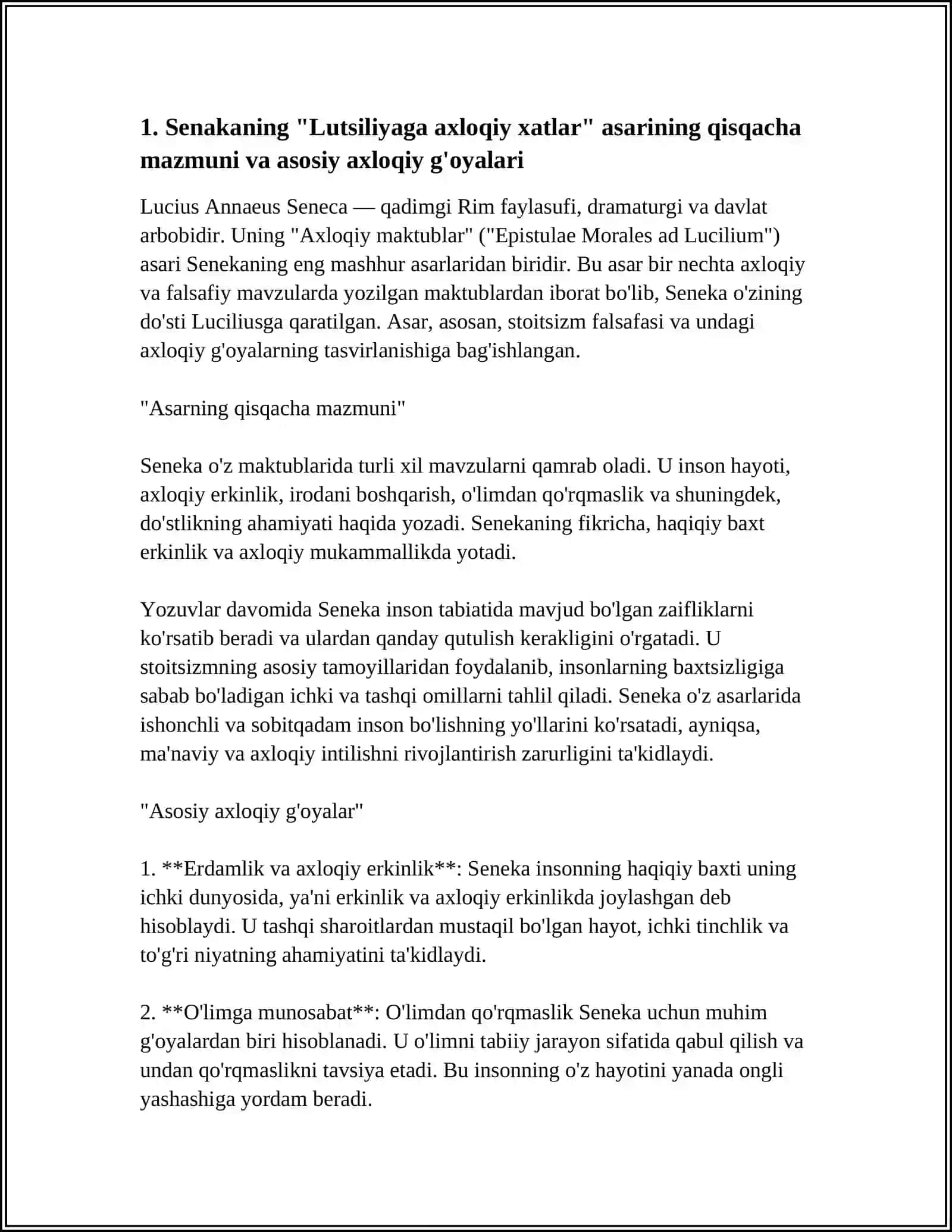 Senakaning "Lutsiliyaga axloqiy xatlar" asarini oʻqish va shu xatlar asosida talabalarining oʻz hayoti va faoliyatiga baho berilgan esse tayorlash 4