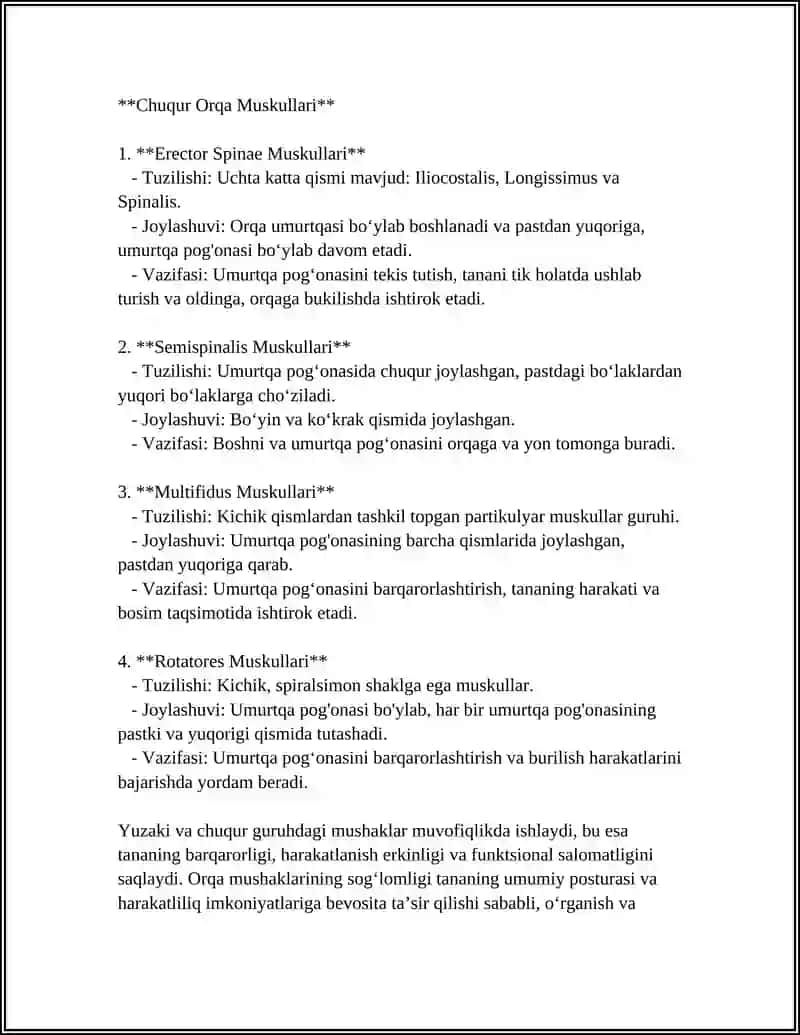ORQANING YUZA CHUQUR GURUK JOYLASHUVI MUSKULLARI,TUZILISHI JOYLASHUVI VAZIFASI 4